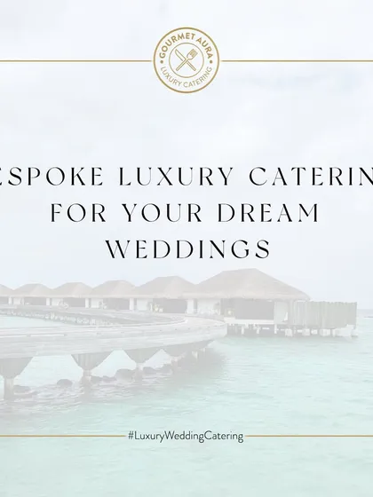 "Bespoke Luxury Catering for your Dream Weddings." A serene view of overwater villas in the Maldives, representing the dream destinations where we make wedding magic happen.