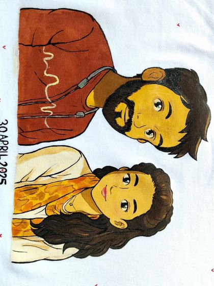 A detailed shot of the hand-painted couple portrait. I focus on capturing likenesses in my unique art style and can add important dates to commemorate an anniversary or special day.