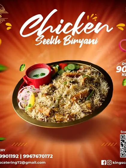 My Chicken Seekh Biryani is another popular choice. Flavorful chicken seekh kebabs are cooked with long-grain basmati rice for a satisfying meal. Available for ₹900 per kg.