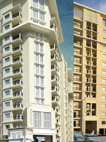 A split-image comparison showing two facade options for the residential towers in our Patna mixed-use concept, exploring different material palettes and detailing.