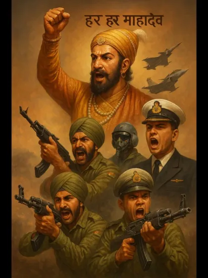 A powerful digital composition titled "Har Har Mahadev". This artwork connects the legacy of Chhatrapati Shivaji Maharaj with the bravery of the modern Indian armed forces, showing an unbroken line of courage.