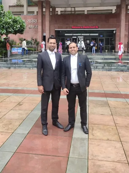 Our advocates outside the Saket District Court complex in Delhi. We are committed to providing dedicated representation for our clients at every stage of the legal process, right from the district courts.