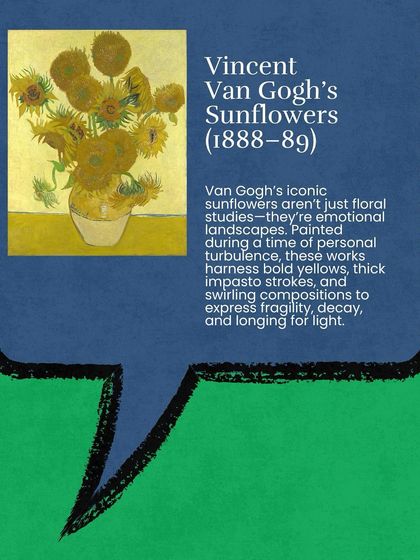Van Gogh’s iconic sunflowers aren’t just floral studies; they’re emotional landscapes. Painted during a time of personal turbulence, they harness bold yellows and thick impasto strokes to express fragility and a longing for light.
