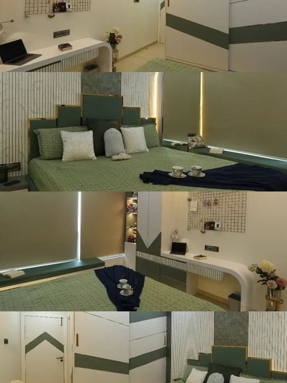 A collage of a master bedroom in Goregaon, featuring a stylish green color scheme, a custom headboard, and a functional study nook.