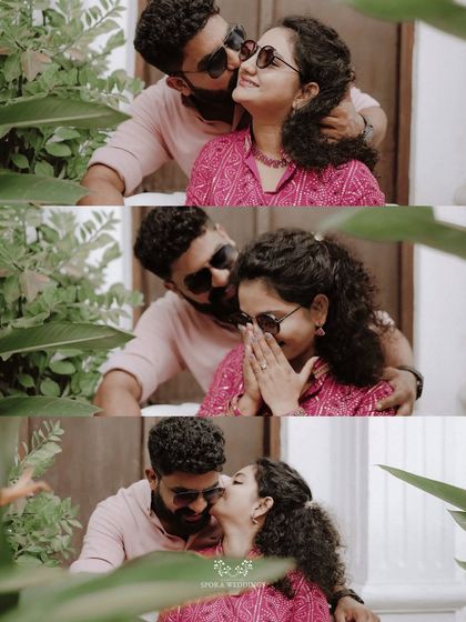 A collage of sweet, playful moments, with the groom kissing the bride's cheek as she laughs.