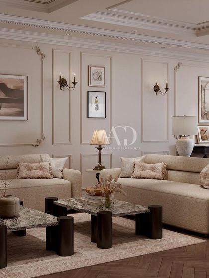 Part of my "Villa no. 185" project, this living area showcases a blend of modern comfort and classical detailing. The clean-lined sofas are set against walls with ornate mouldings and vintage-style sconces, creating a timeless yet fresh aesthetic.