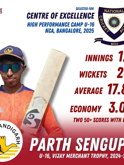This is what we work for. I am incredibly proud of our player Parth Sengupta for his selection to the NCA High Performance Camp. His performance in the Vijay Merchant Trophy with 26 wickets and two fifties is a result of pure dedication. This is the path we build.