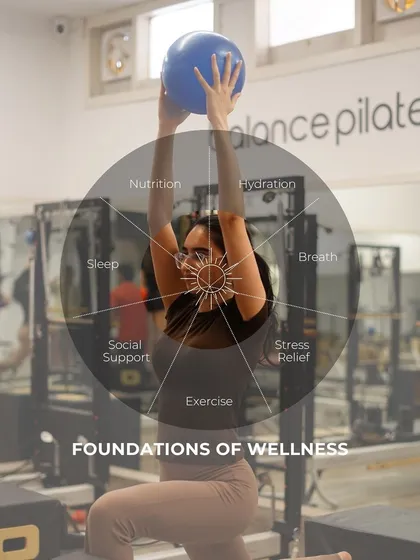 This graphic shows the foundations of wellness, from nutrition and sleep to exercise and stress relief. Pilates is a key piece of this holistic puzzle.
