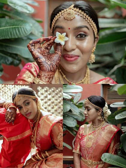 A collage of a beautiful South Indian bride in her red wedding saree. The shots capture her playful personality, her intricate jewelry, and her radiant smile.