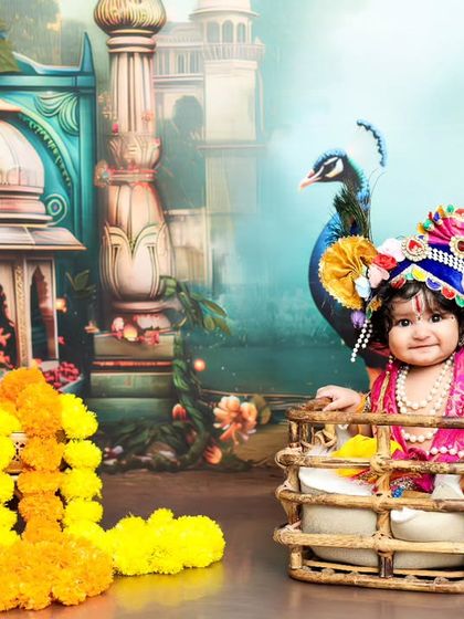 This wide shot showcases the entire beautiful Janmashtami setup, with our little Krishna as the divine centerpiece.