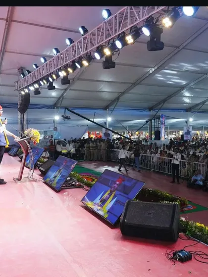 A view of the main stage during the Koli Bhavan event. I provide sturdy, elevated stages suitable for VIPs, speakers, and performers, complete with professional lighting trusses to ensure everyone has a clear view.