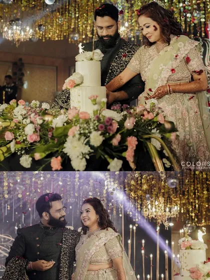A collage showing the cake cutting and a sweet, candid moment between the couple at their reception.
