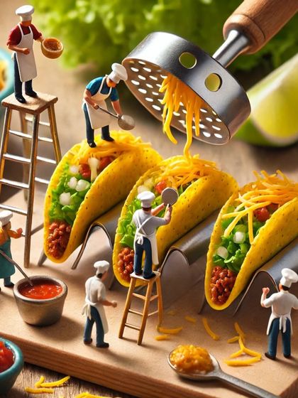 It takes a whole team of tiny chefs to assemble my delicious and crunchy vegetarian tacos.