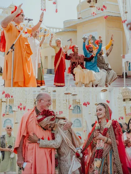 A collage of joyful and emotional moments from an ISKCON wedding, showing guests dancing and the groom sharing a hug with a spiritual elder.