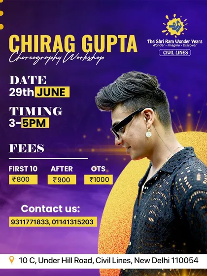 Announcement for a special choreography workshop with guest instructor Chirag Gupta. We frequently host workshops with industry experts to provide unique learning opportunities for our students.