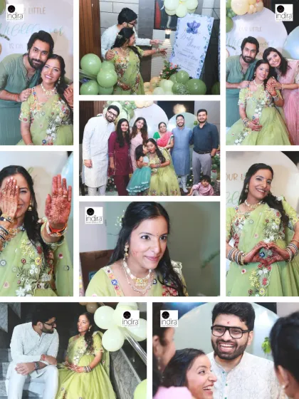 A collage showcasing the key moments of a baby shower, from couple portraits and family groups to the mother-to-be showing off her henna.