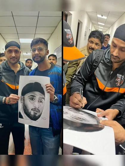 Getting my sketch of Harbhajan Singh signed by the Turbanator himself. A fantastic moment with a cricket icon.