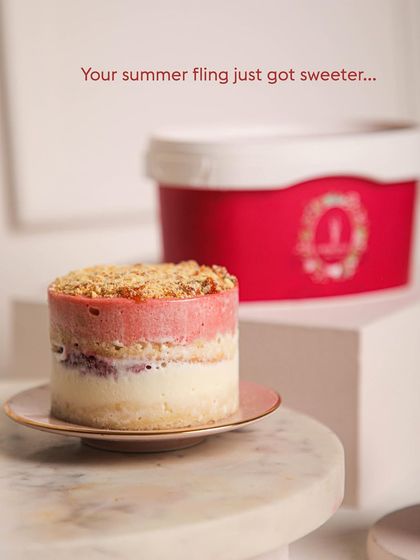 Our Strawberry Ice Cream Cake tub, your new summer fling. This personal-sized treat is layered, luscious, and made to melt hearts, not in your hand.