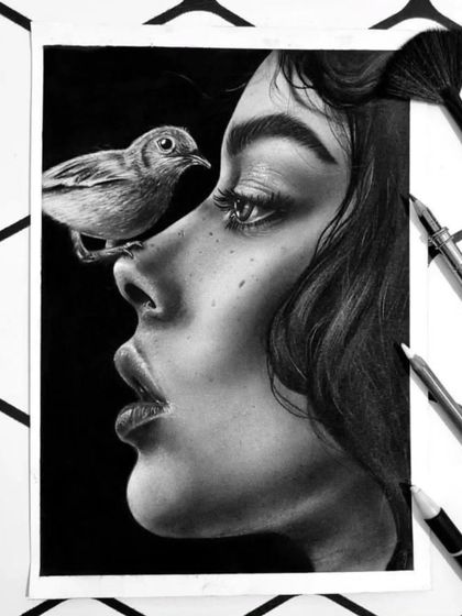 A beautiful and imaginative sketch of a woman with a small bird perched on her nose.