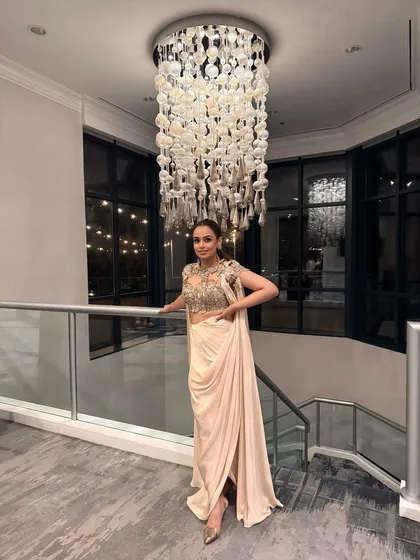 Serving modern duchess vibes for a reception party. I did my own hair and makeup, creating a sleek updo and dreamy glam to go with this draped gown.