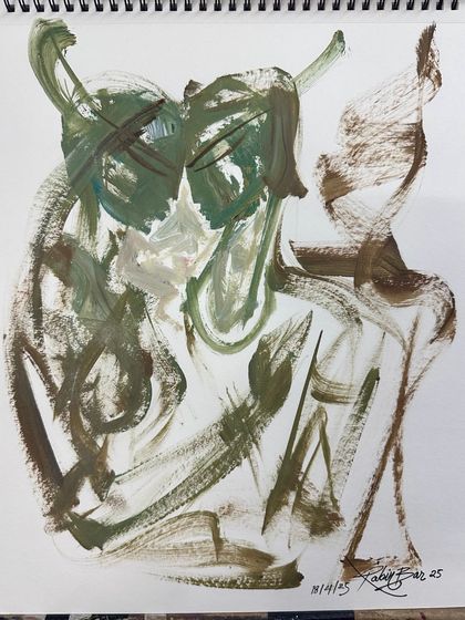 A quick, expressive abstract painting using acrylic on paper with green and brown tones.