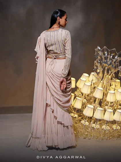 The back view of the Elsa Saree Set, showing the elegant drape of the pallu and the beautiful embellishments on the long-sleeved blouse.