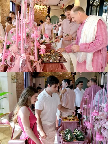 The true measure of our success is the joy on your guests' faces. Here, guests are mingling and enjoying our creations at a beautiful blush-themed wedding party. We handle the details so you can savor these precious moments.