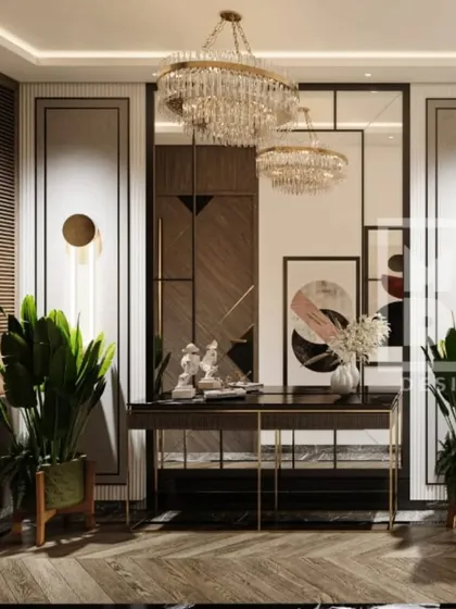 Your entryway sets the tone for your home. This design uses a stunning crystal chandelier, a large mirror, and lush plants to create a warm and inviting space that welcomes everyone in style.