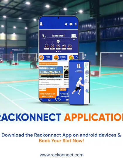 A promotional image showcasing the Rackonnect application interface against the backdrop of a badminton arena. Download the app on Android to book your slot and manage your game.