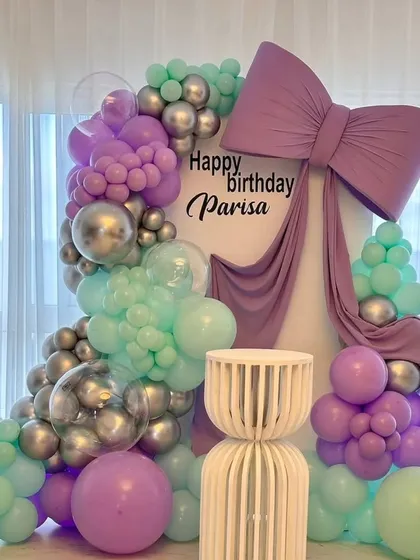 A full view of the sophisticated birthday backdrop, perfect for a stylish teen or adult party. The custom pedestal and unique color palette make this a standout design.