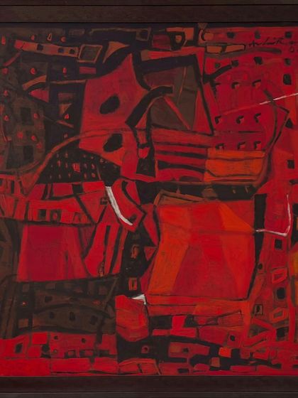Achuthan Kudalur's dynamic red abstract piece, sized 48x48 inches, features bold black lines and geometric shapes, capturing the essence of his distinctive style.