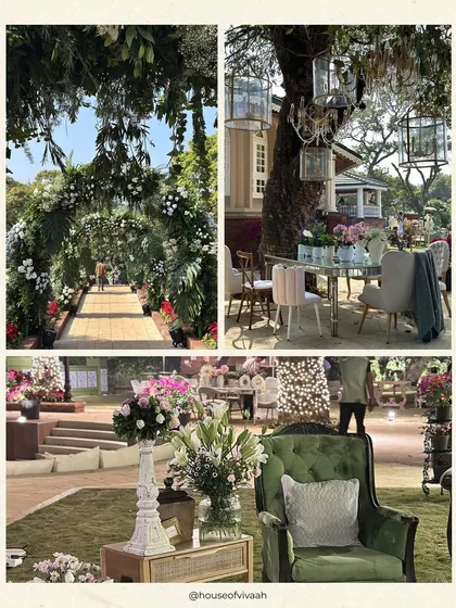 A collage showing different elements of a Mahabaleshwar wedding, from the lush floral entrance to elegant outdoor seating with chandeliers hanging from trees, creating a romantic, organic atmosphere.