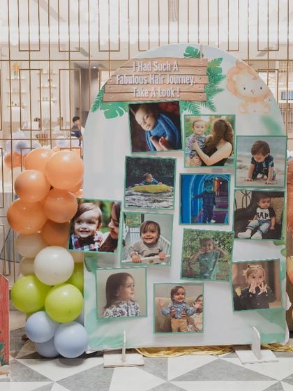 A personalized photo board showcasing 'A Fabulous Hair Journey' for the little one's Mundan (first haircut) ceremony.