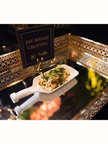 A fusion favorite, Pav Bhaaji Crostini. I serve the spicy, flavorful bhaji on a crisp, toasted slice of bread for a modern, easy-to-eat appetizer.