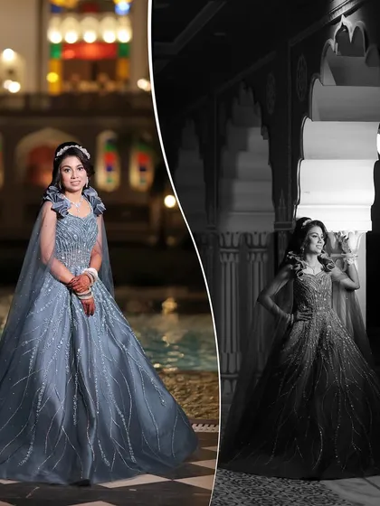 A diptych of the bride in her stunning blue ball gown, one in color and one in black and white.