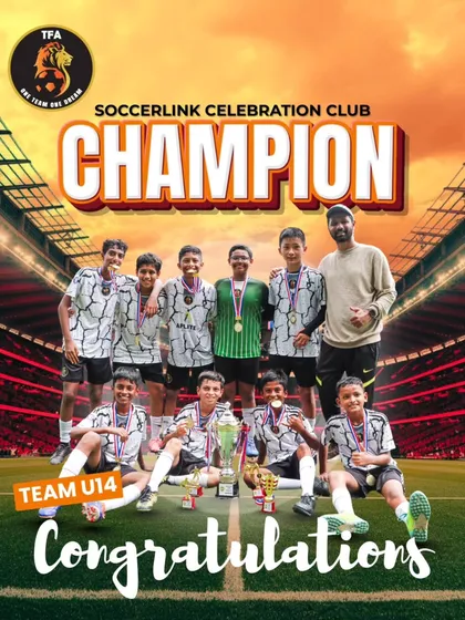 The U14 team celebrating their championship at the Soccer Link Celebration Club. A proud moment for the players and coaches.