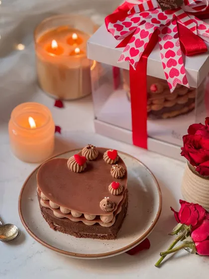 A heart-shaped chocolate brownie cake, elegantly piped and decorated for Valentine's Day. It's a rich and indulgent dessert, perfectly sized for two to share.