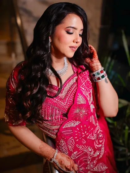 A beautiful blushed look for a Roka ceremony. The focus is on rosy cheeks, soft eyes, and a radiant smile, perfect for an intimate family celebration.