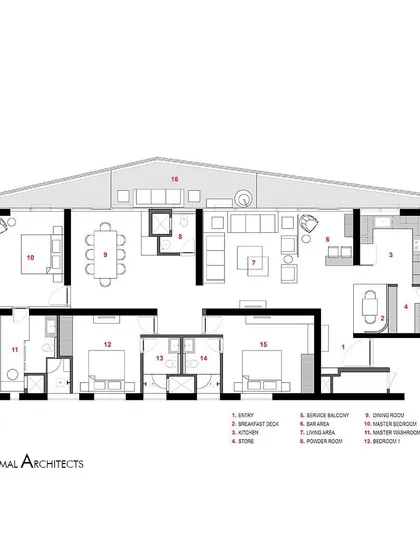 The floor plan for Apartment 704, showing our proposed spatial reconfiguration. We removed a bedroom to create a larger, more open living and dining area, and added a breakfast deck.
