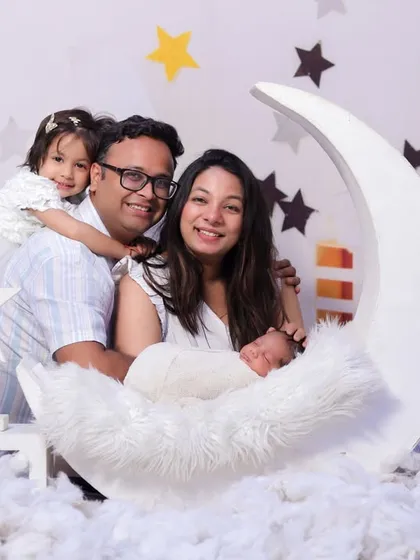 Welcome to our dreamy moon and stars set! I love creating these magical worlds for families. This photo shows how we can include everyone, from the newborn to the older sibling, in a creative and whimsical themed shoot.