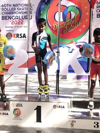 Our young national medalists on the podium at the 60th National Roller Skating Championships, a diamond jubilee event.