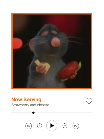 A playful graphic showing our "Now Serving" feature for the Ratatouille screening. The first course, Strawberry and Cheese, is timed perfectly to the scene where Remy discovers flavor combinations.