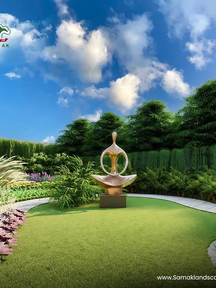 A modern sculpture acts as a stunning centerpiece in this manicured lawn. The curving pathways and tall privacy hedges create a formal gallery-like setting, demonstrating how we can integrate art into our landscape designs.