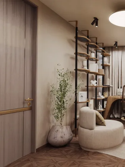 A study area in a Kasauli villa, featuring a large desk with a view and a unique, sculptural bookshelf.
