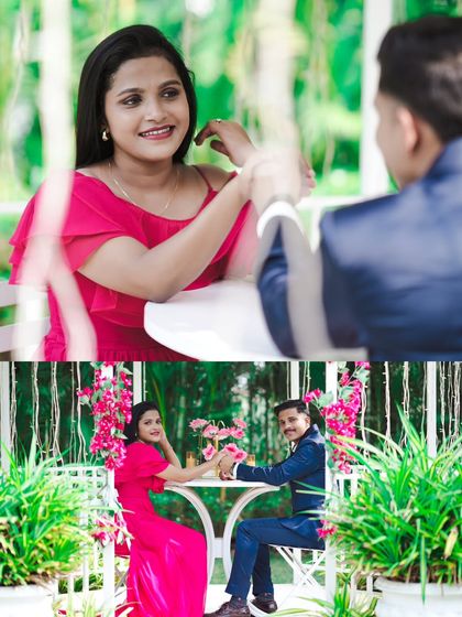 Capturing a romantic date scene, with the couple sharing a moment across a table in a beautiful garden setting at the studio.