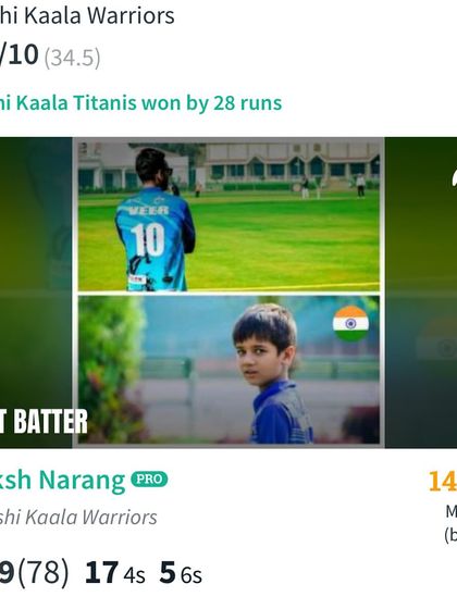 The scorecard for Laksh Narang's explosive 139, earning him the 'Best Batter' award.