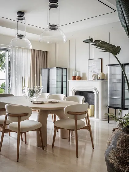 Another view of the Zen Casa dining room by BNA, highlighting the elegant curves of our dining chairs and the substantial presence of the statement dining table.