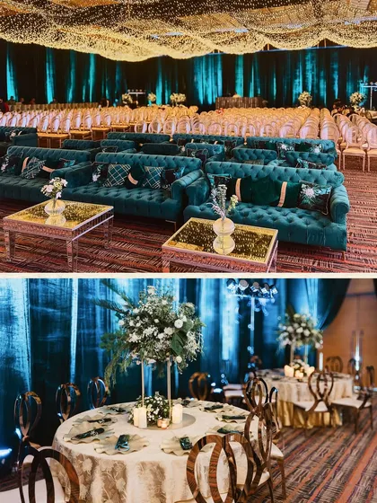 A collage showing the emerald green velvet lounges under a ceiling of fairy lights, and elegant tablescapes with white florals, capturing the luxe, moody vibe of the event.