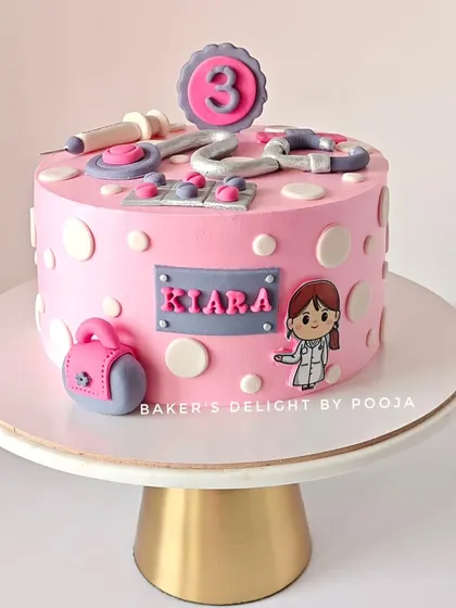 The full view of the adorable doctor-themed cake for Kiara's third birthday.