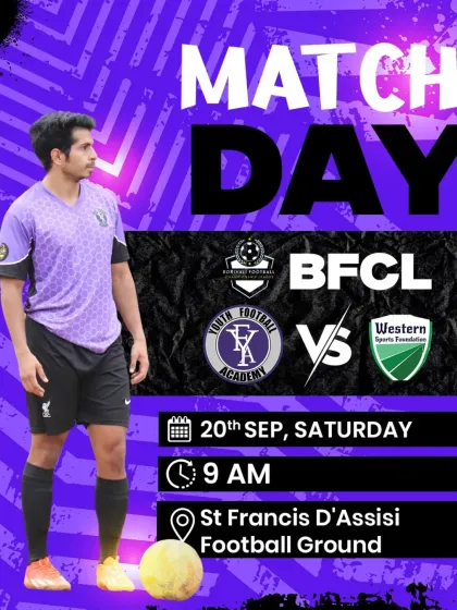 A match day poster for our BFCL game against Western Sports Foundation, featuring one of our players in the purple home kit.
